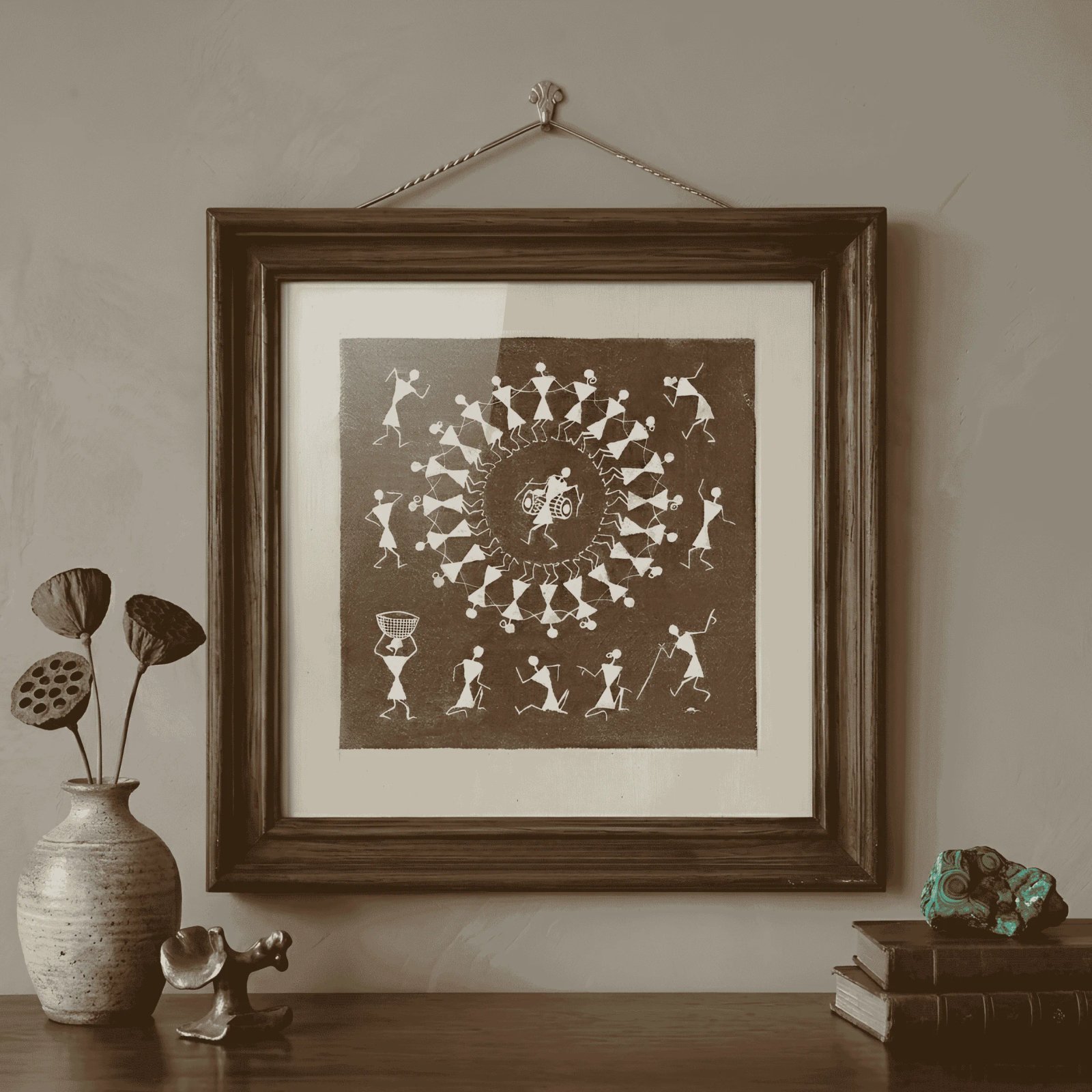 Handpainted Mud Brown Warli Painting – Traditional Tarpa Spiral Dance & Tribal Circle Celebration Thumbnail 2