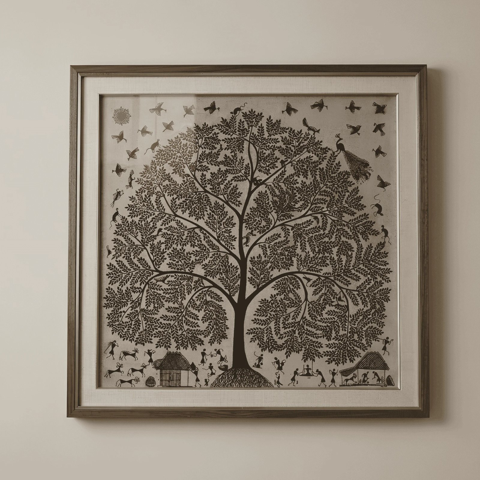 Authentic Warli Tree of Life Painting by Sanjay Parhad – Monochrome Black and Grey Traditional Tribal Canvas Art Thumbnail 1
