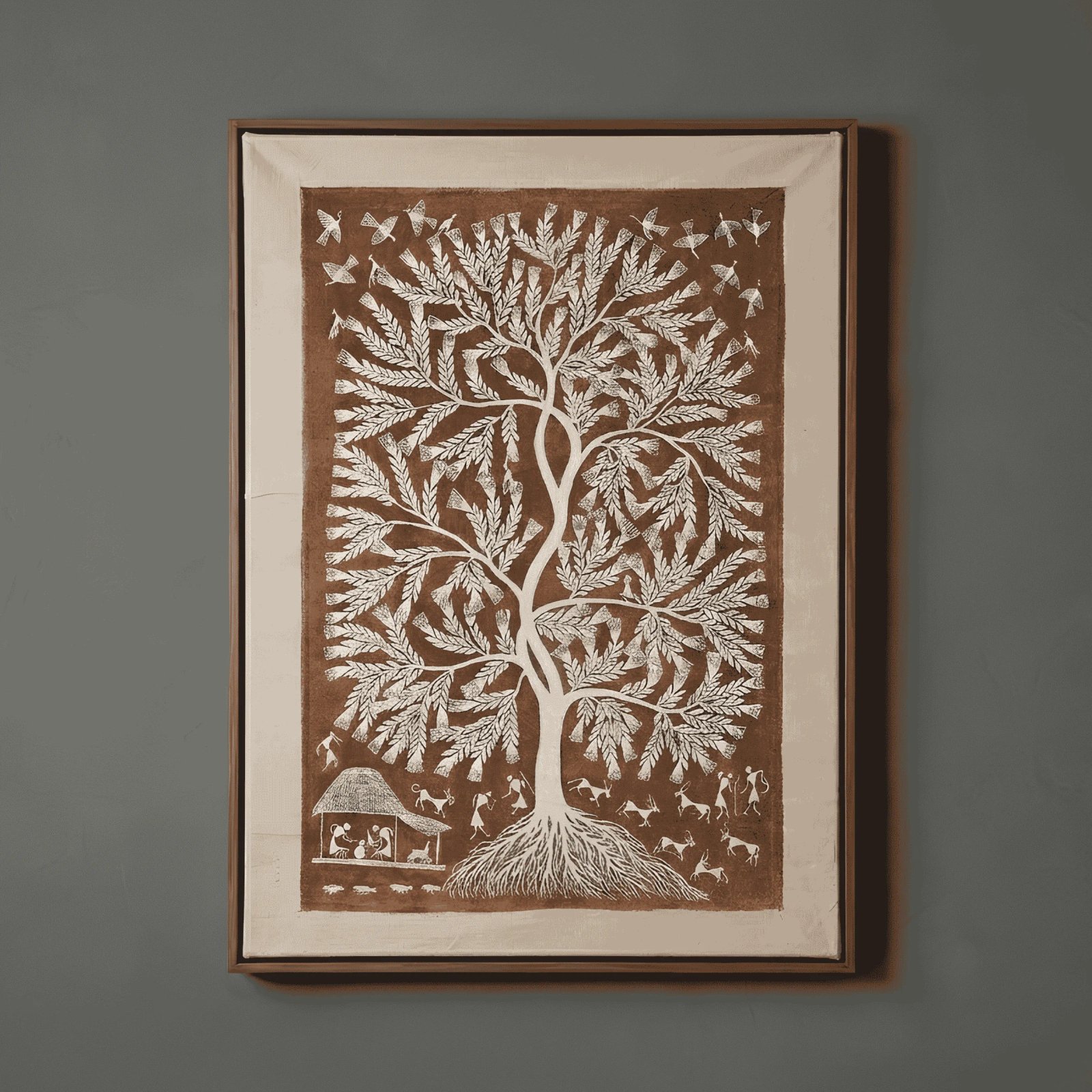 Authentic Warli Tree of Life Canvas Painting by Sanjay Parhad – Traditional Indian Tribal Wall Art Thumbnail 1