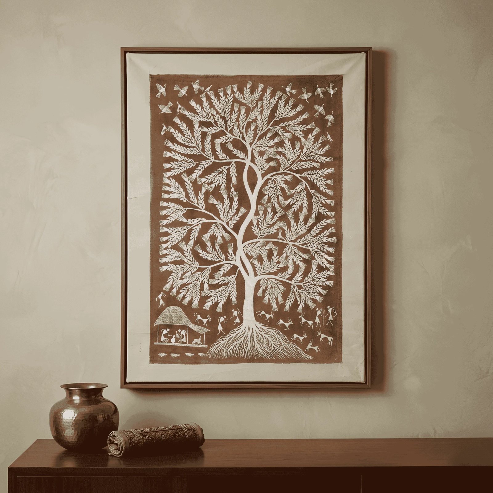 Authentic Warli Tree of Life Canvas Painting by Sanjay Parhad – Traditional Indian Tribal Wall Art Thumbnail 2