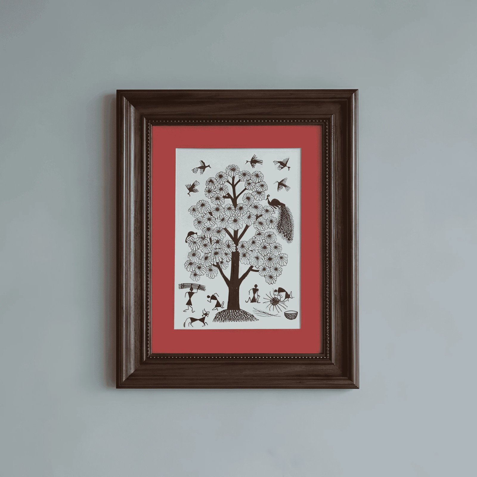 Handmade Warli Art Painting - Tree of Life with Tribal Village Life Thumbnail 1