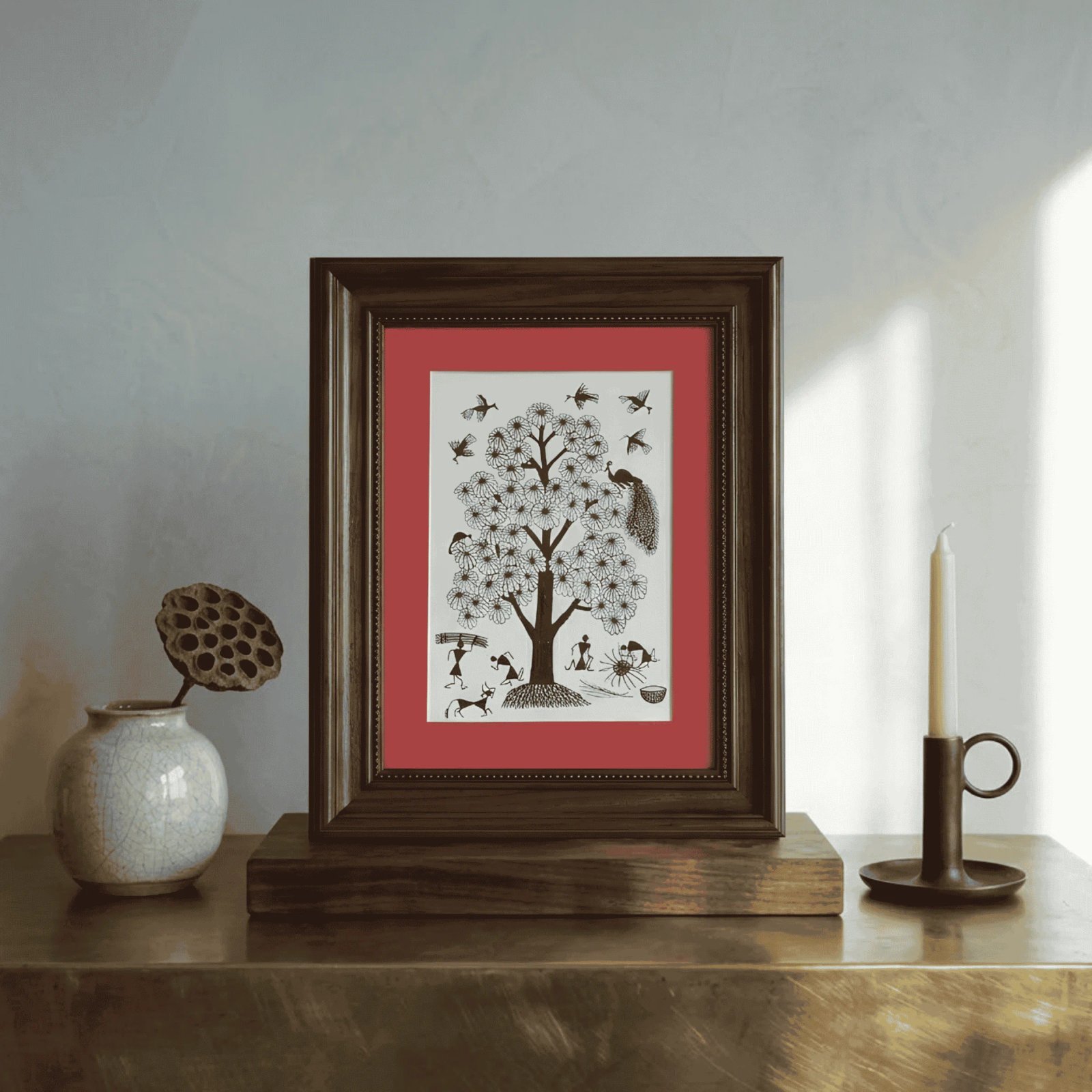 Handmade Warli Art Painting - Tree of Life with Tribal Village Life Thumbnail 2