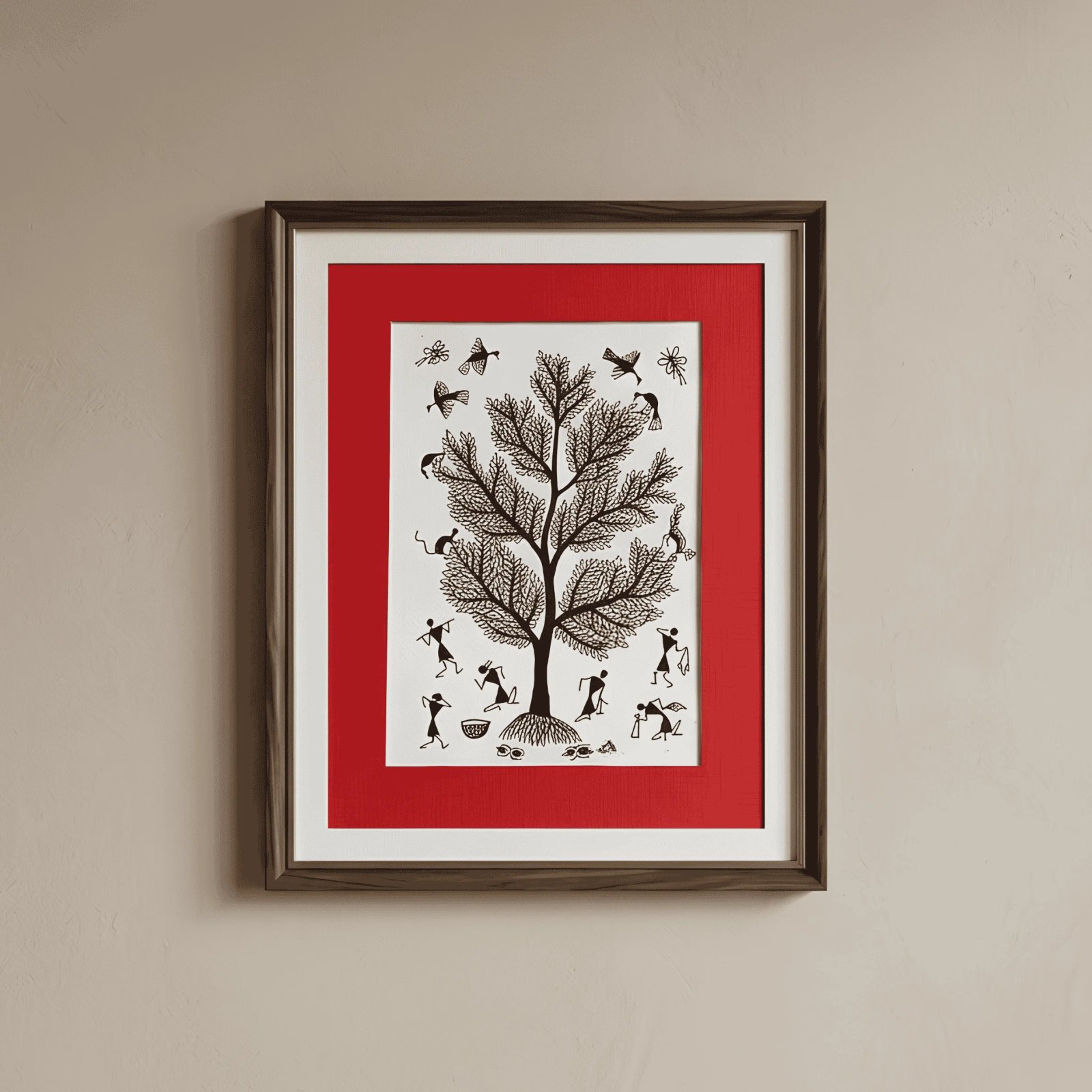 Original Warli Tribal Painting - Sacred Tree with Village Life and Animals Thumbnail 1