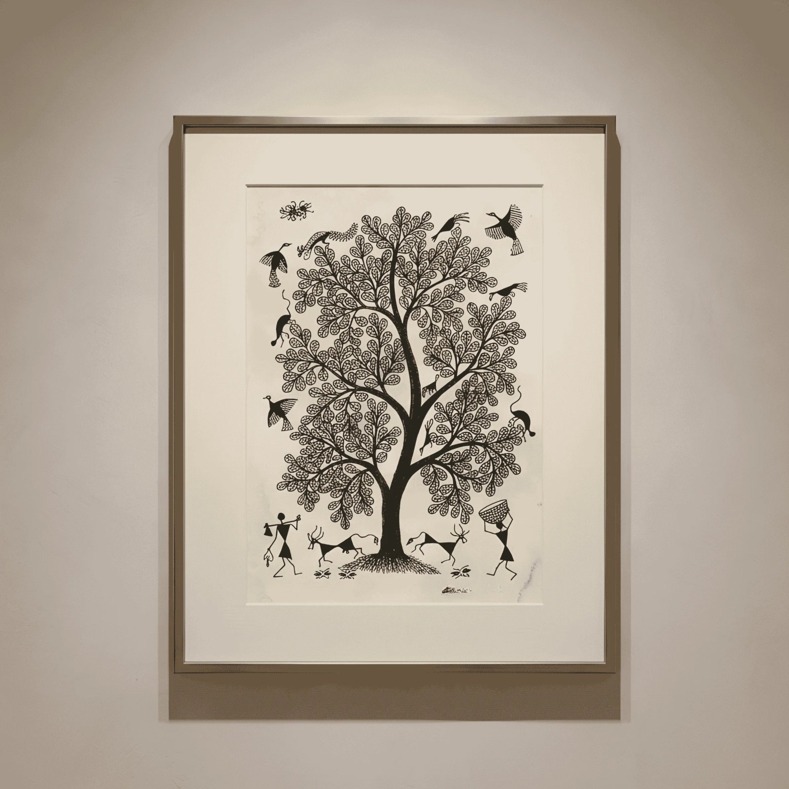 Original Warli Tribal Painting - Sacred Tree with Village Life and Animals Thumbnail 1