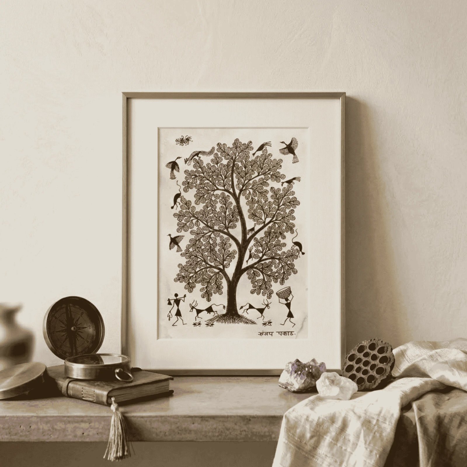 Original Warli Tribal Painting - Sacred Tree with Village Life and Animals Thumbnail 2