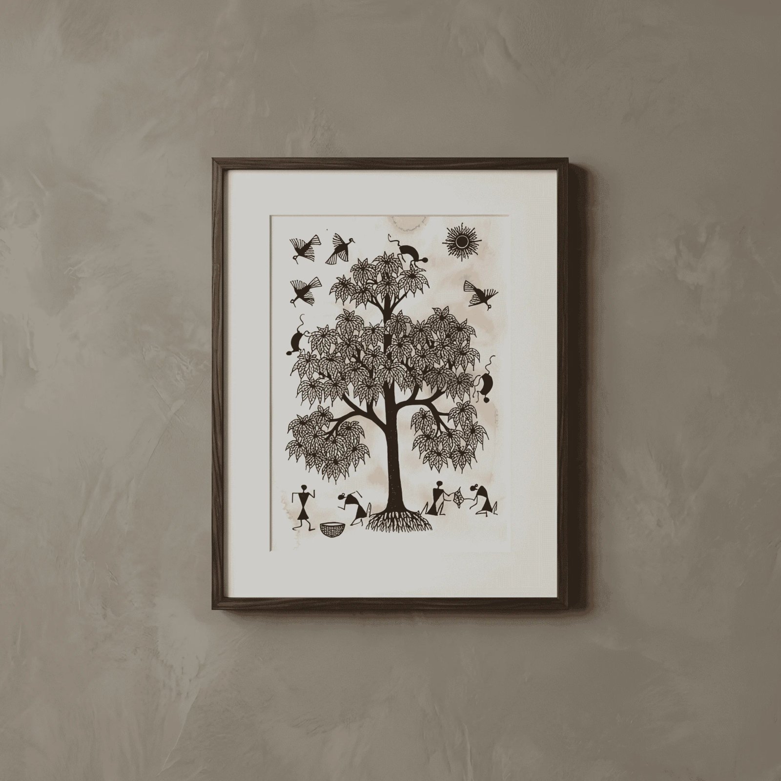 Hand-Painted Warli Tribal Art – Tree of Life & Village Harvest Wall Painting Thumbnail 1
