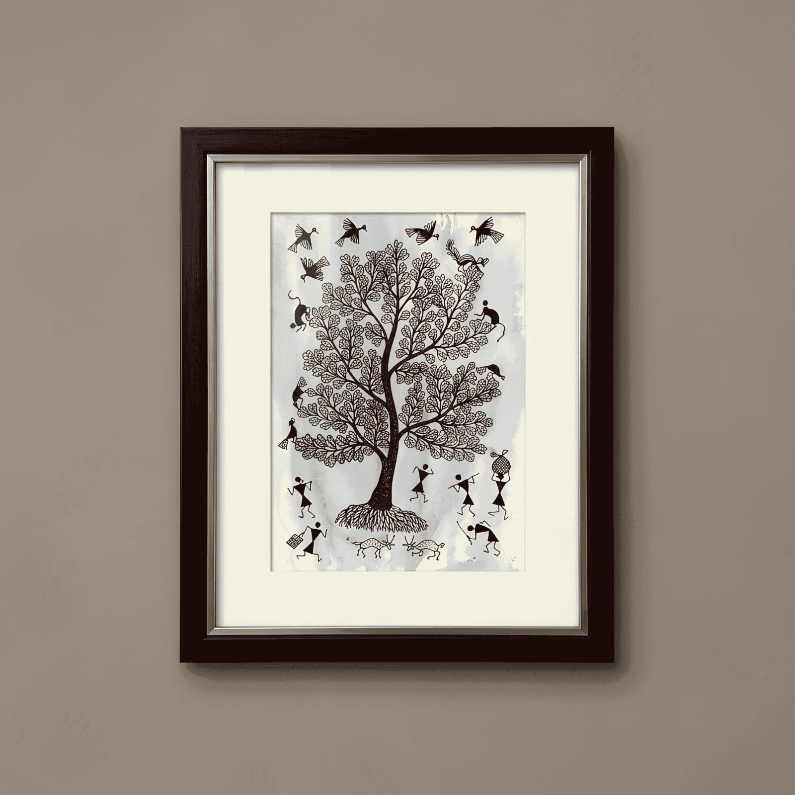 Hand-Painted Warli Tribal Art – Earthy Tree of Life & Village Daily Life Painting Thumbnail 1