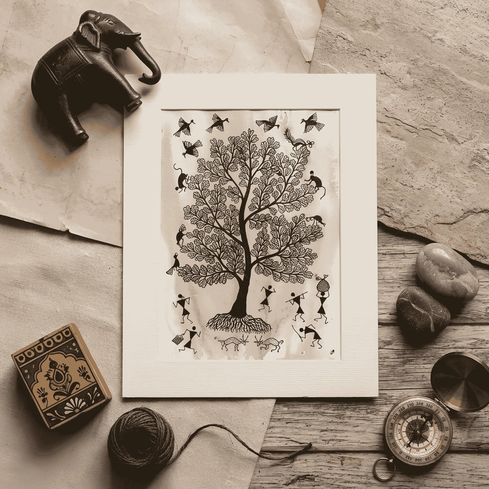 Hand-Painted Warli Tribal Art – Earthy Tree of Life & Village Daily Life Painting Thumbnail 2