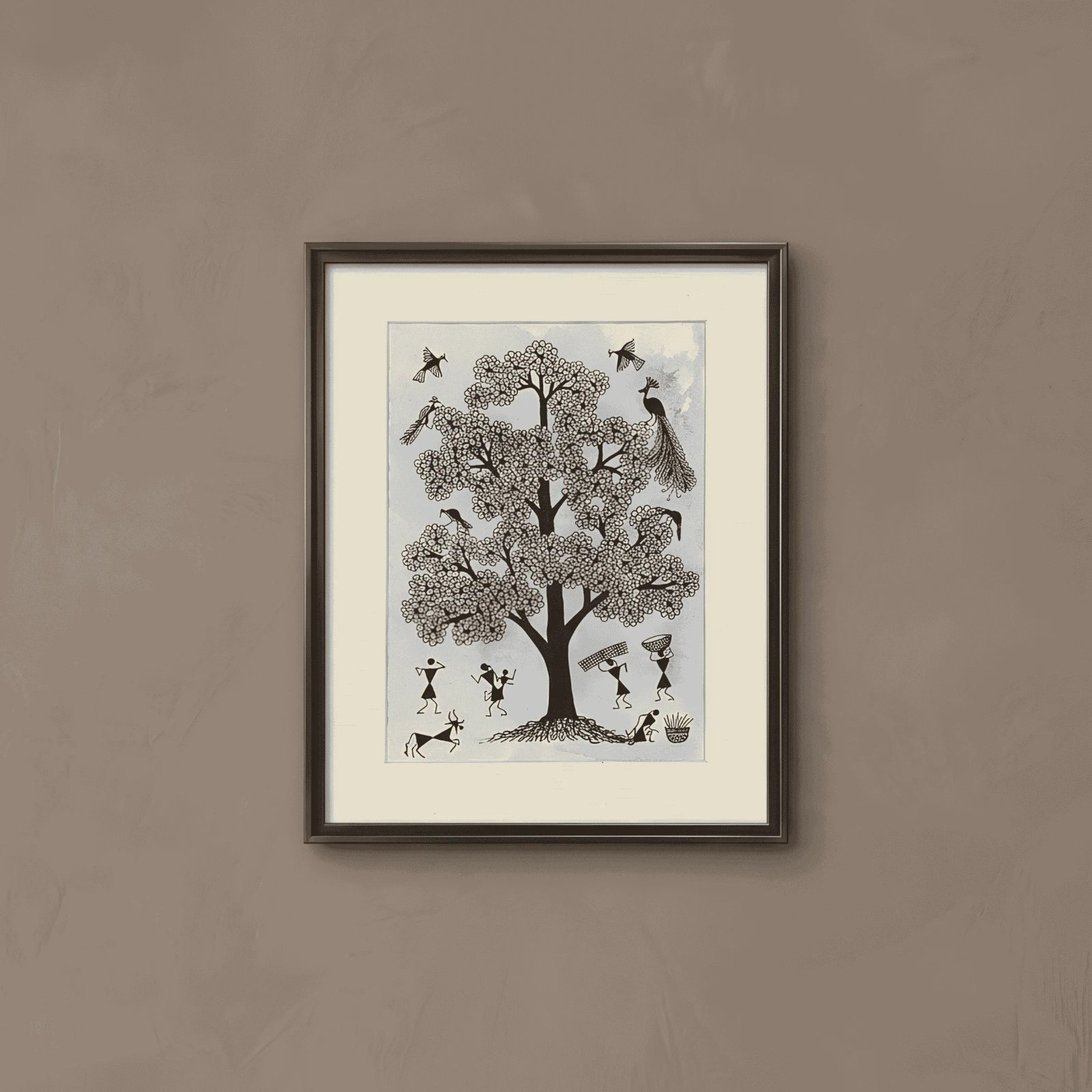 Hand-Painted Warli Tribal Art – Tree of Life & Traditional Village Hut Painting Thumbnail 1