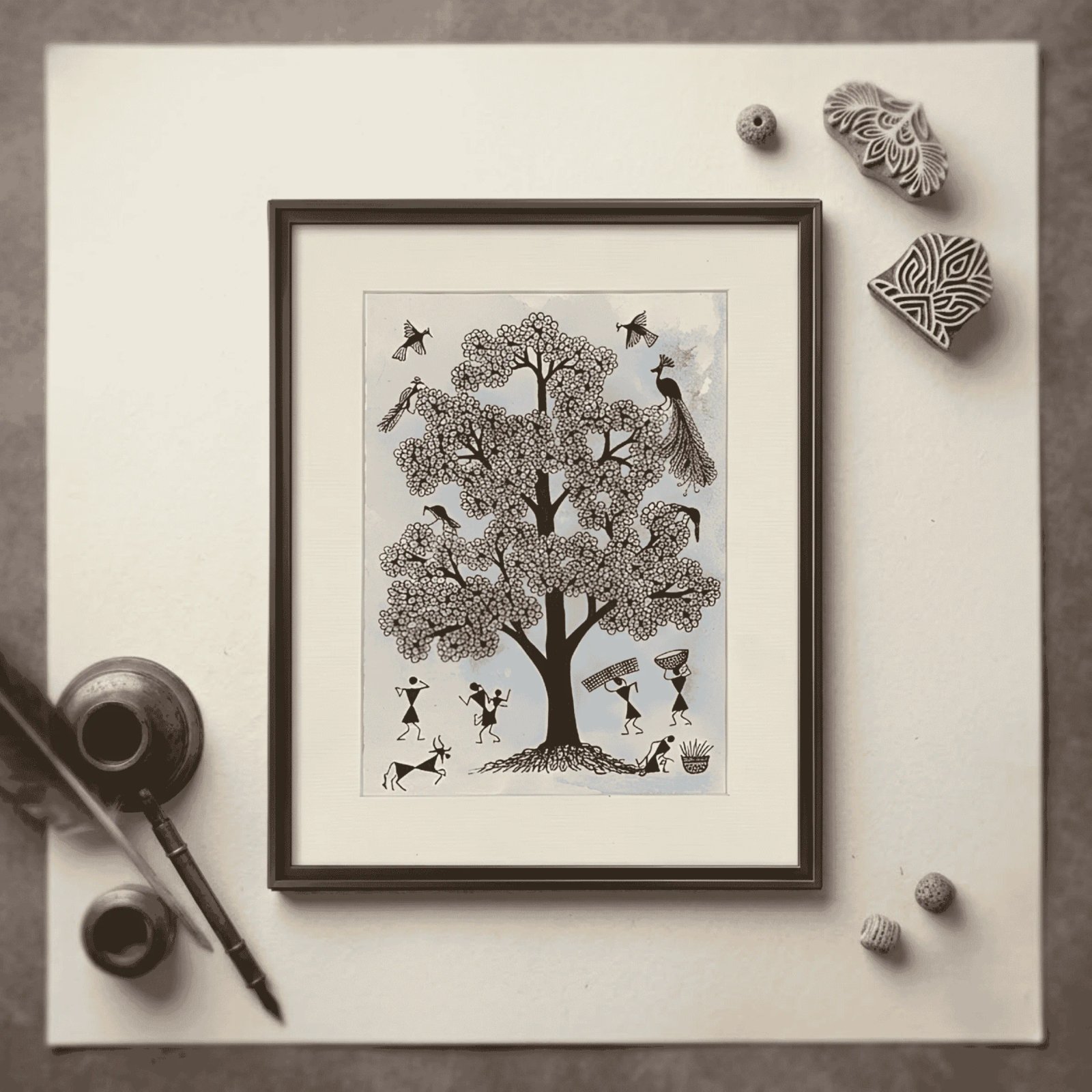 Hand-Painted Warli Tribal Art – Tree of Life & Traditional Village Hut Painting Thumbnail 2