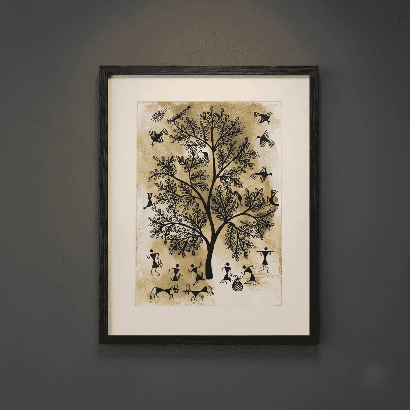 Hand-Painted Warli Tribal Art – Earthy Tree of Life & Village Harvest Scene Thumbnail 1