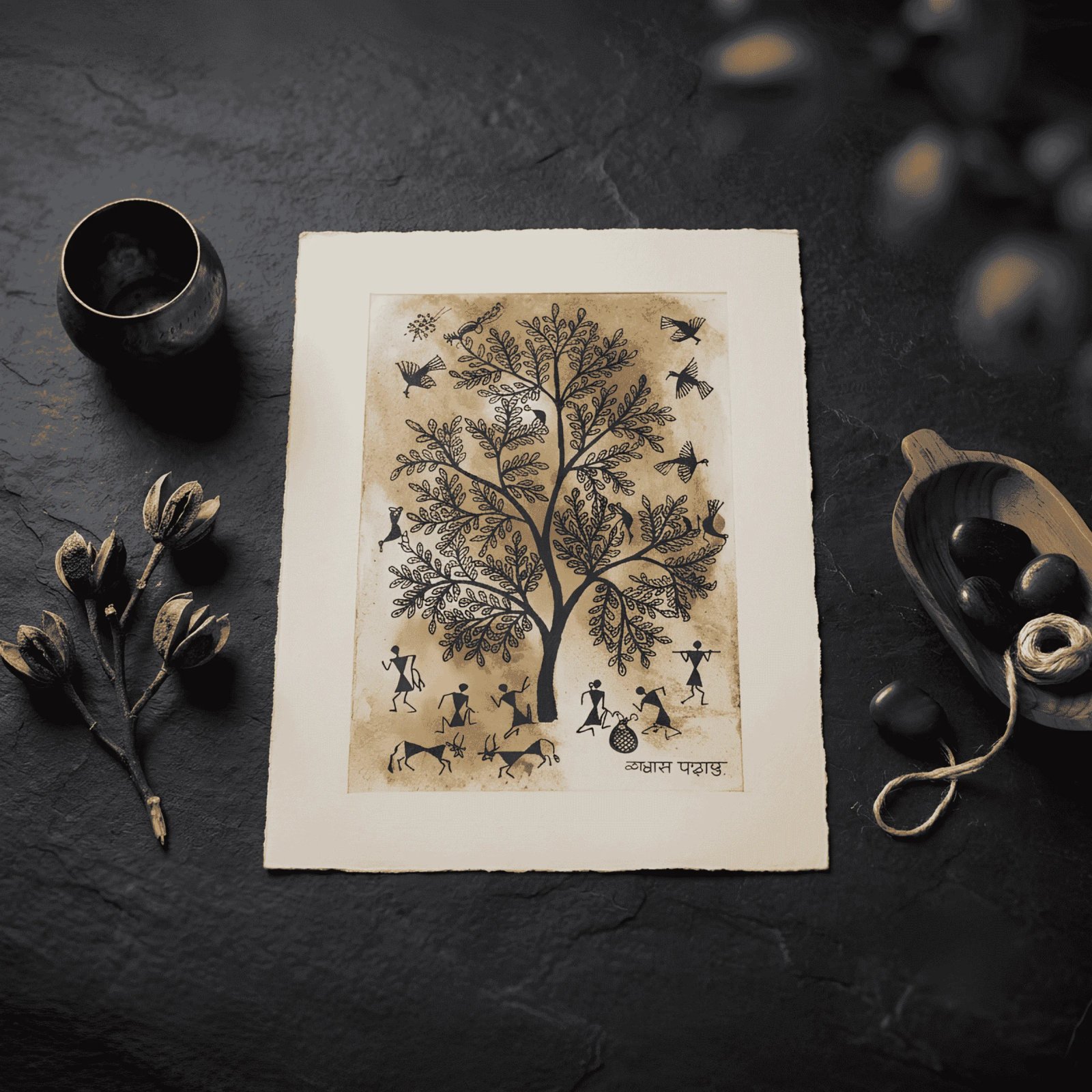 Hand-Painted Warli Tribal Art – Earthy Tree of Life & Village Harvest Scene Thumbnail 2