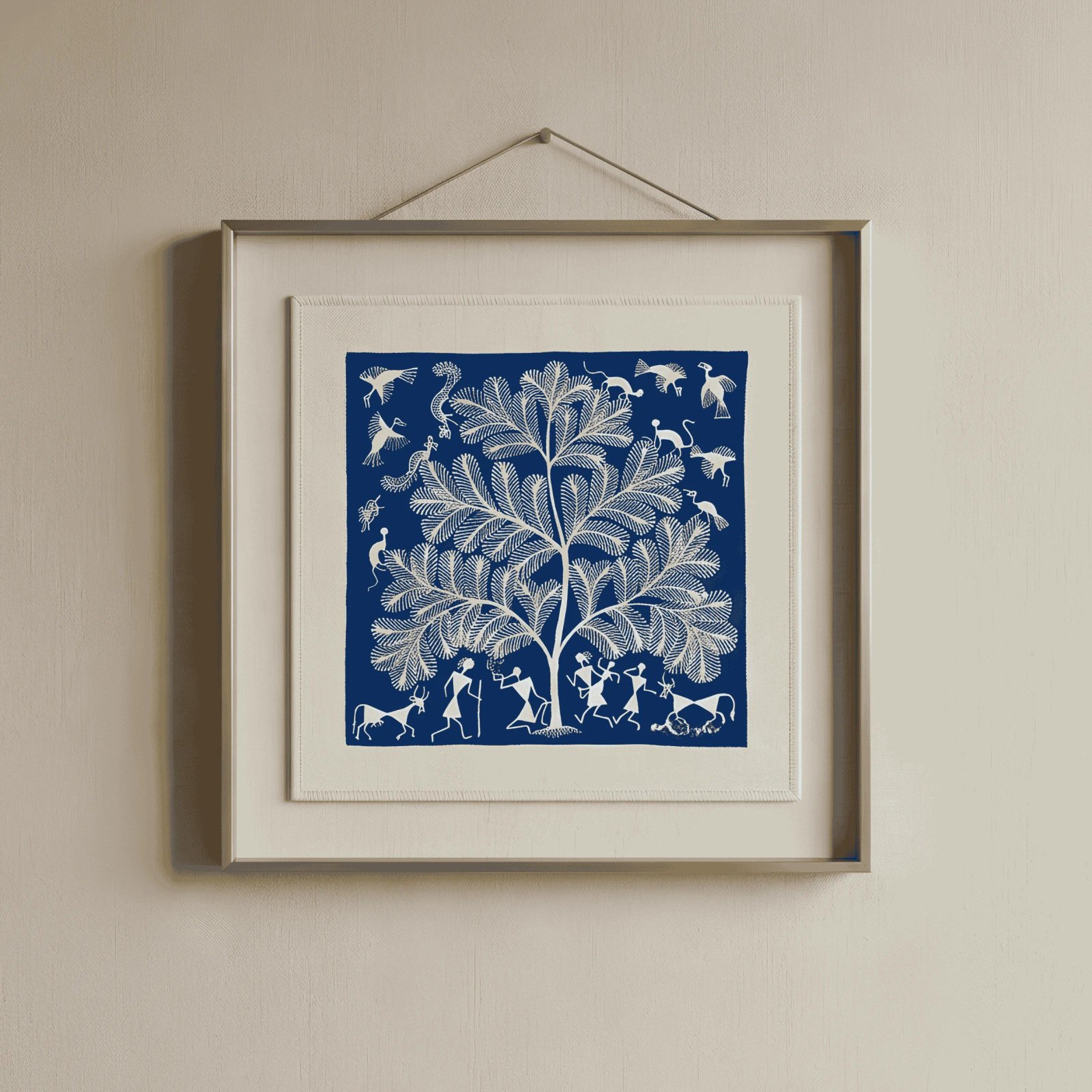Authentic Handmade Warli Folk Art Painting – Tree of Life & Tribal Village Celebration Thumbnail 1