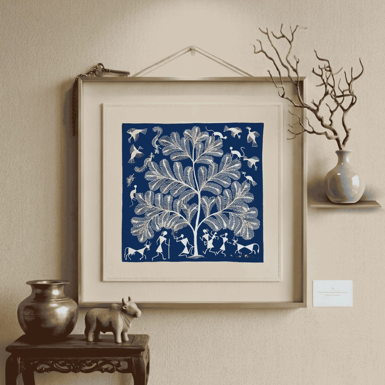 Authentic Handmade Warli Folk Art Painting – Tree of Life & Tribal Village Celebration Thumbnail 2