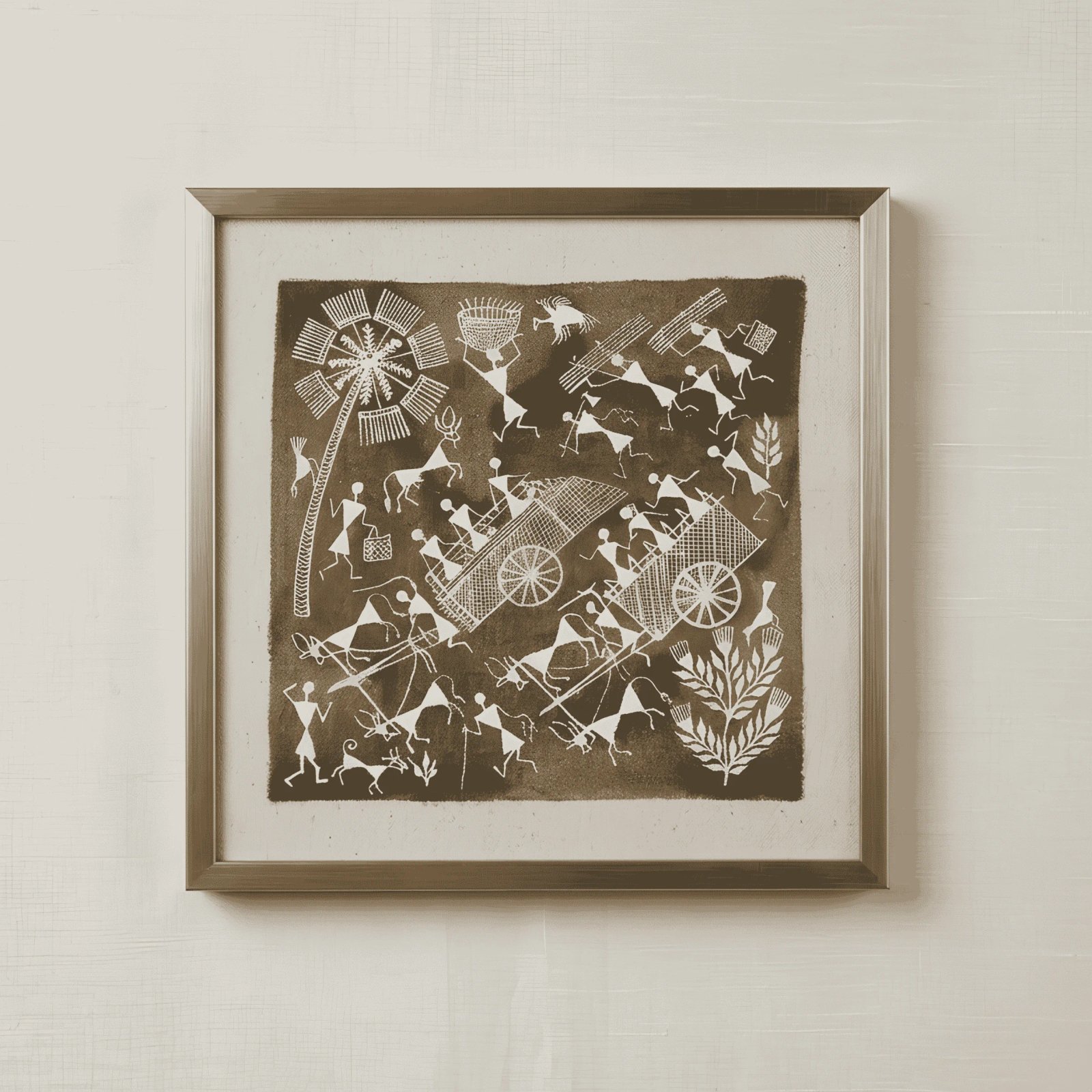 Original Handmade Warli Folk Art Painting – Traditional Bullock Cart Journey & Village Life Scene Thumbnail 1