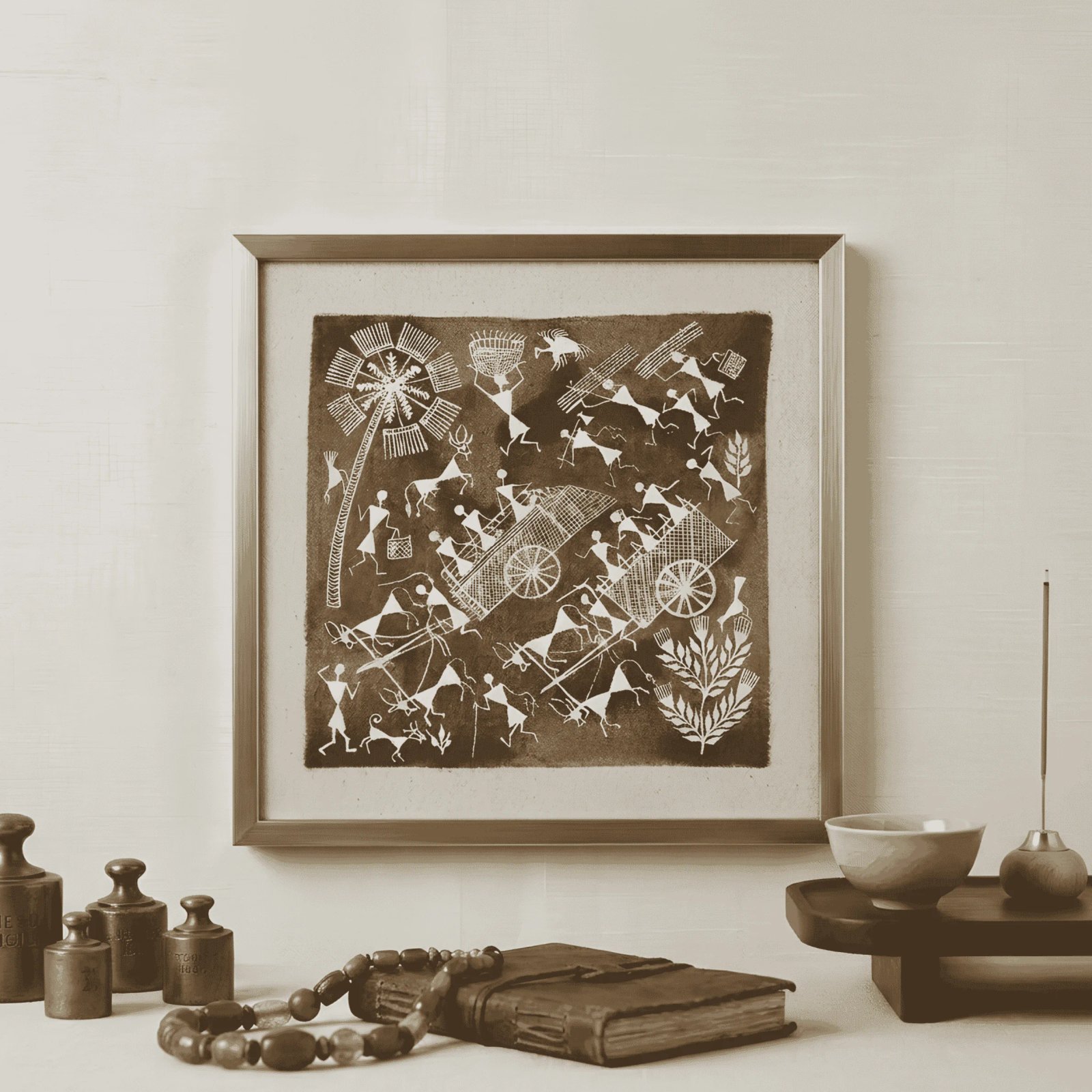 Original Handmade Warli Folk Art Painting – Traditional Bullock Cart Journey & Village Life Scene Thumbnail 2