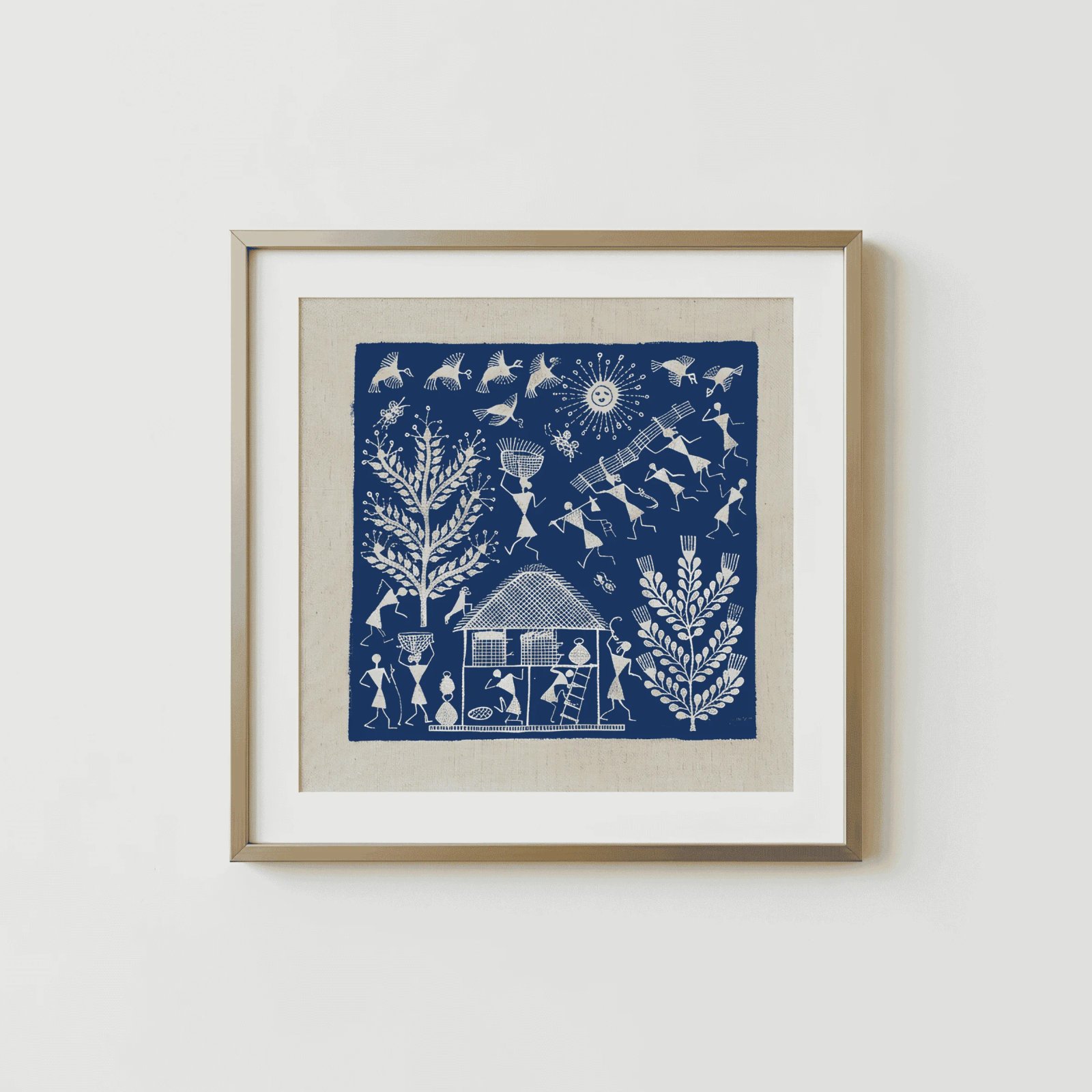 Handmade Warli Folk Art Painting – Traditional Tribal Hut, Daily Village Chores & Sun Motif Wall Decor Thumbnail 1