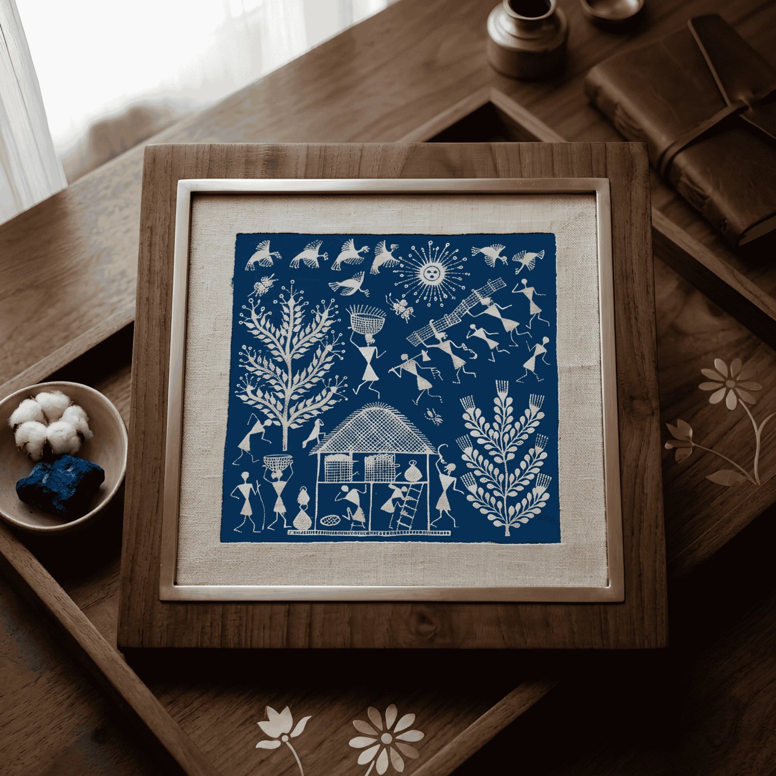 Handmade Warli Folk Art Painting – Traditional Tribal Hut, Daily Village Chores & Sun Motif Wall Decor Thumbnail 2