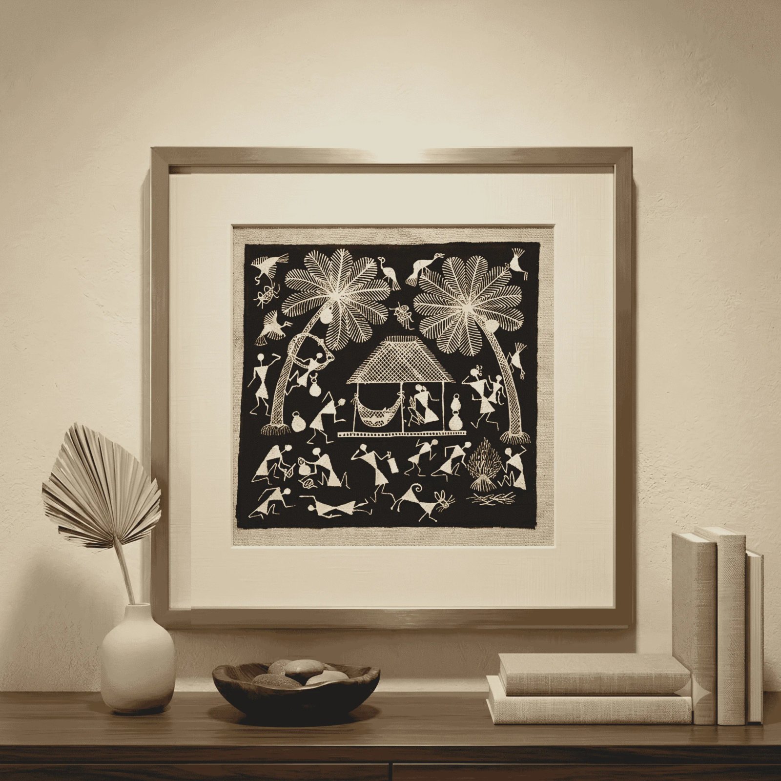 Original Handmade Warli Folk Art Painting – Traditional Tribal Hut with Cradle, Palm Trees & Bonfire Scene Thumbnail 2