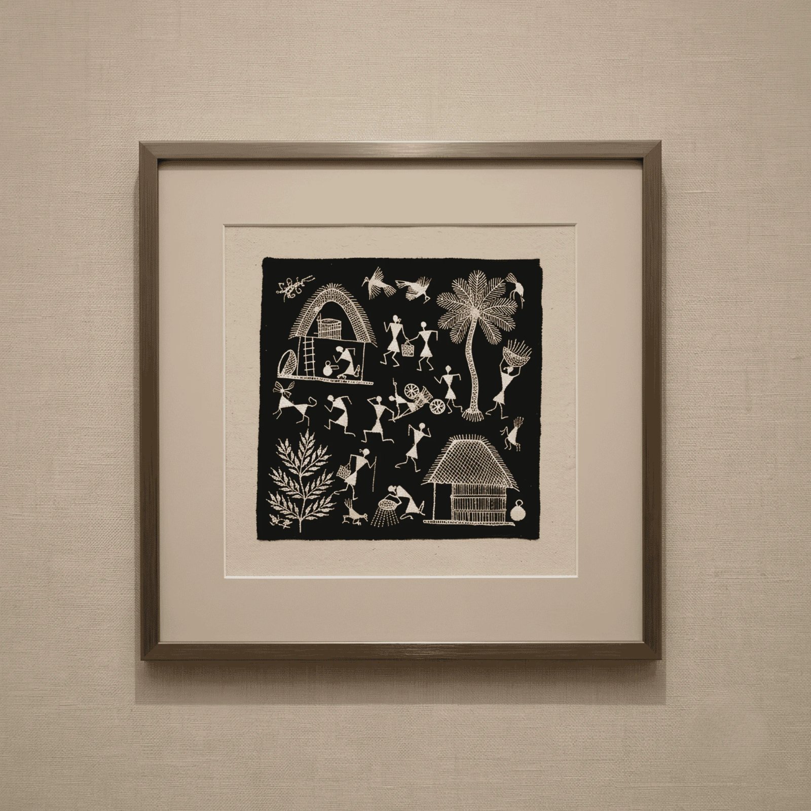 Original Handmade Warli Folk Art Painting – Dual Tribal Huts, Grain Harvest Processing & Village Life Scene Thumbnail 1