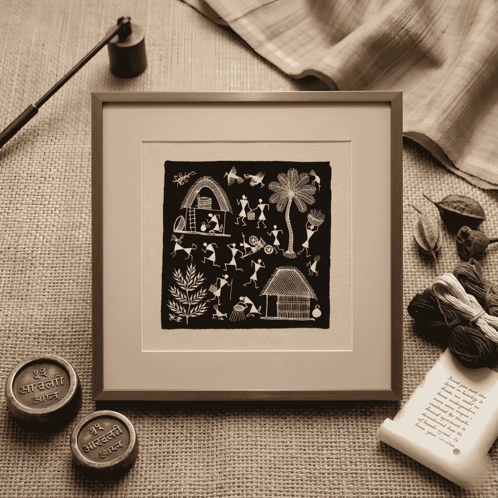 Original Handmade Warli Folk Art Painting – Dual Tribal Huts, Grain Harvest Processing & Village Life Scene Thumbnail 2