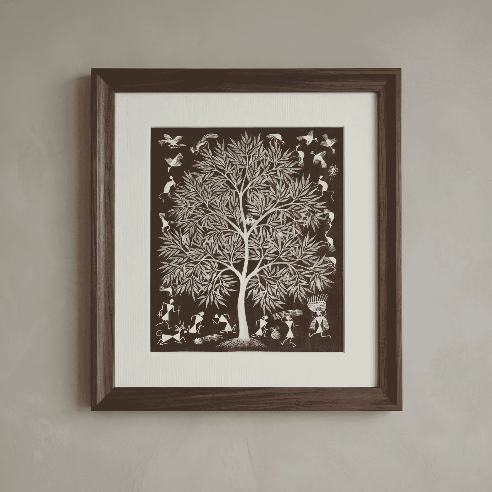 Original Handmade Warli Folk Art Painting – Sacred Forest Tree of Life Thumbnail 1