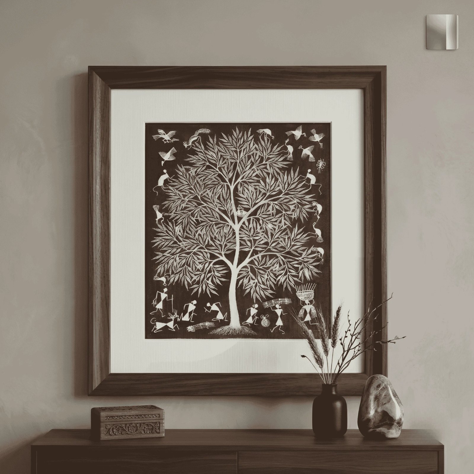 Original Handmade Warli Folk Art Painting – Sacred Forest Tree of Life Thumbnail 2