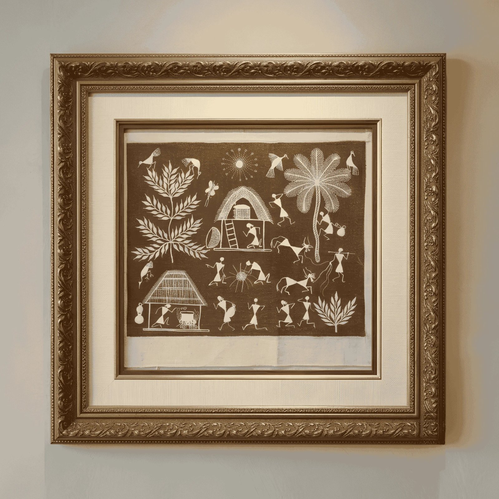 Original Handmade Warli Folk Art Painting – Dual Tribal Huts, Village Kitchen Cooking Scene & Harvest Celebration Thumbnail 1