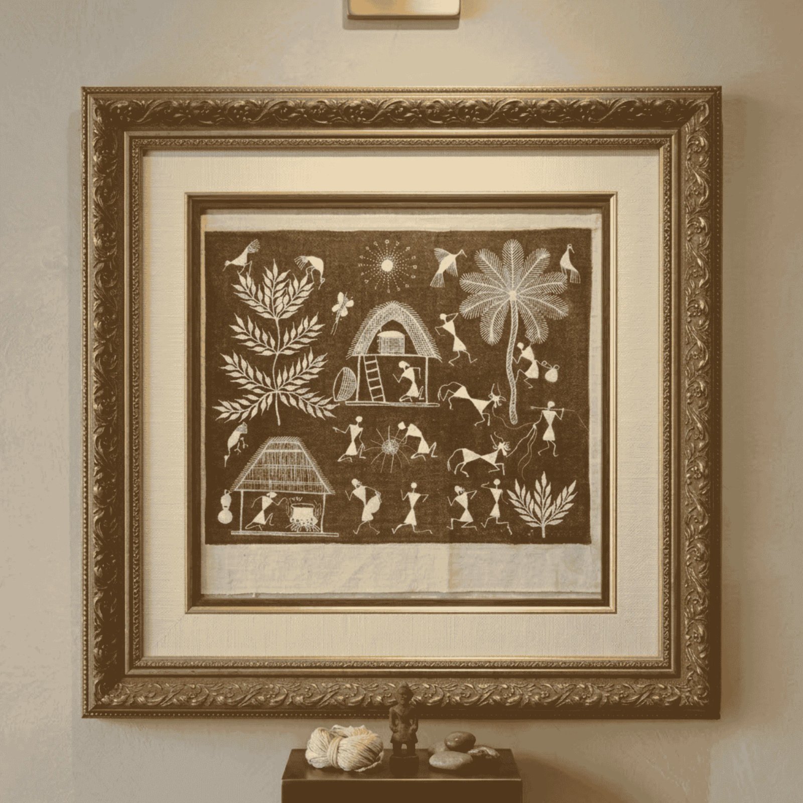 Original Handmade Warli Folk Art Painting – Dual Tribal Huts, Village Kitchen Cooking Scene & Harvest Celebration Thumbnail 2