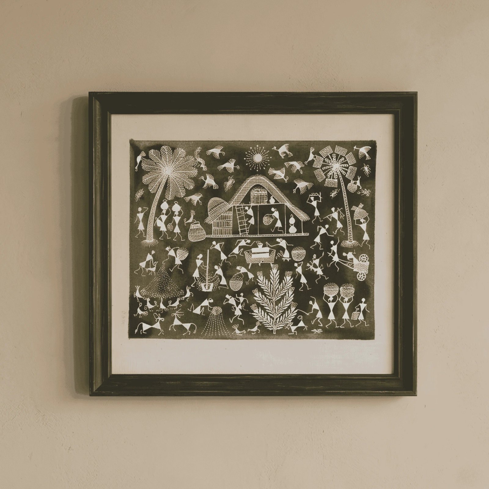 Original Handmade Warli Folk Art Painting – Olive Green Village Landscape, Harvest Threshing Ground & Tribal Architecture Wall Art Thumbnail 1