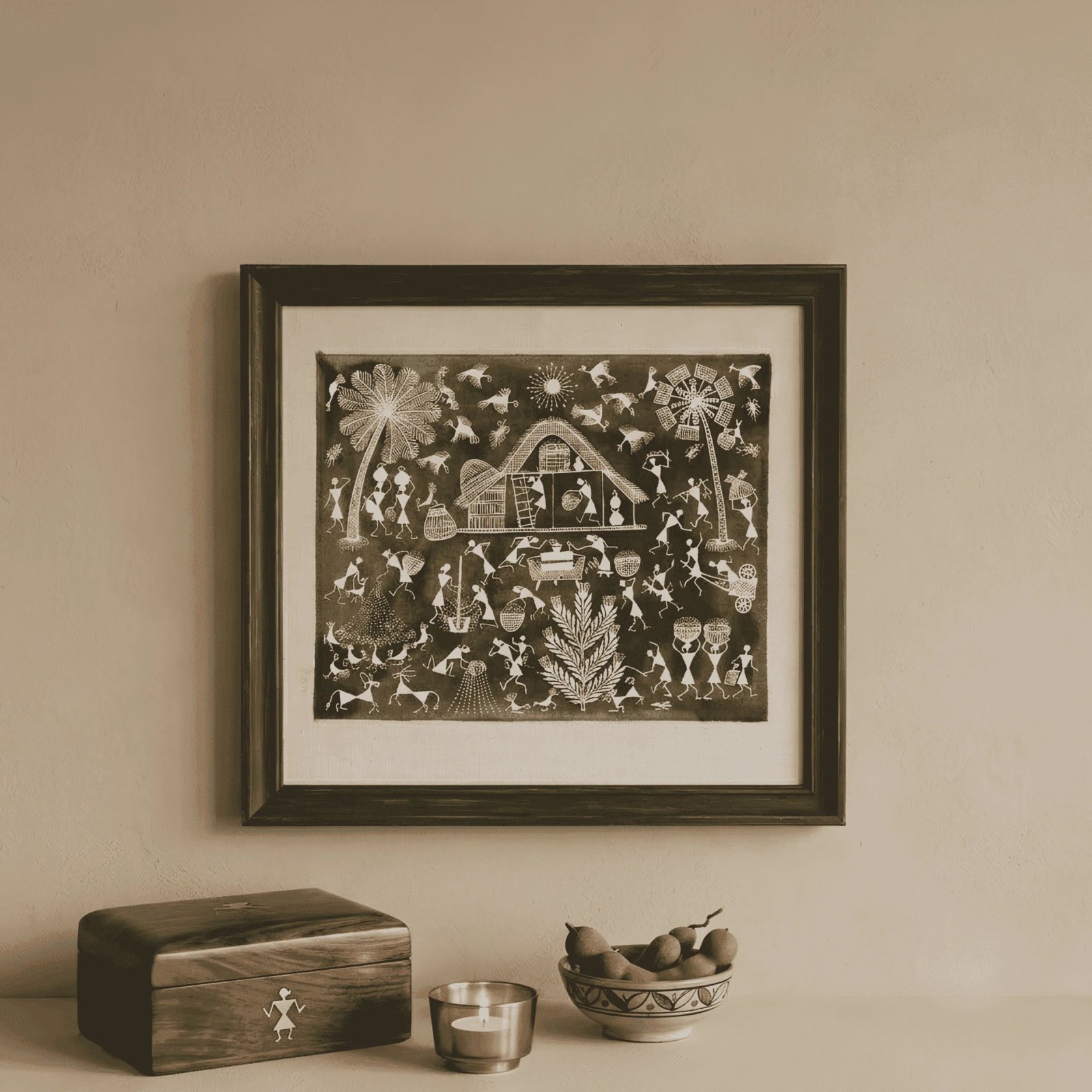 Original Handmade Warli Folk Art Painting – Olive Green Village Landscape, Harvest Threshing Ground & Tribal Architecture Wall Art Thumbnail 2