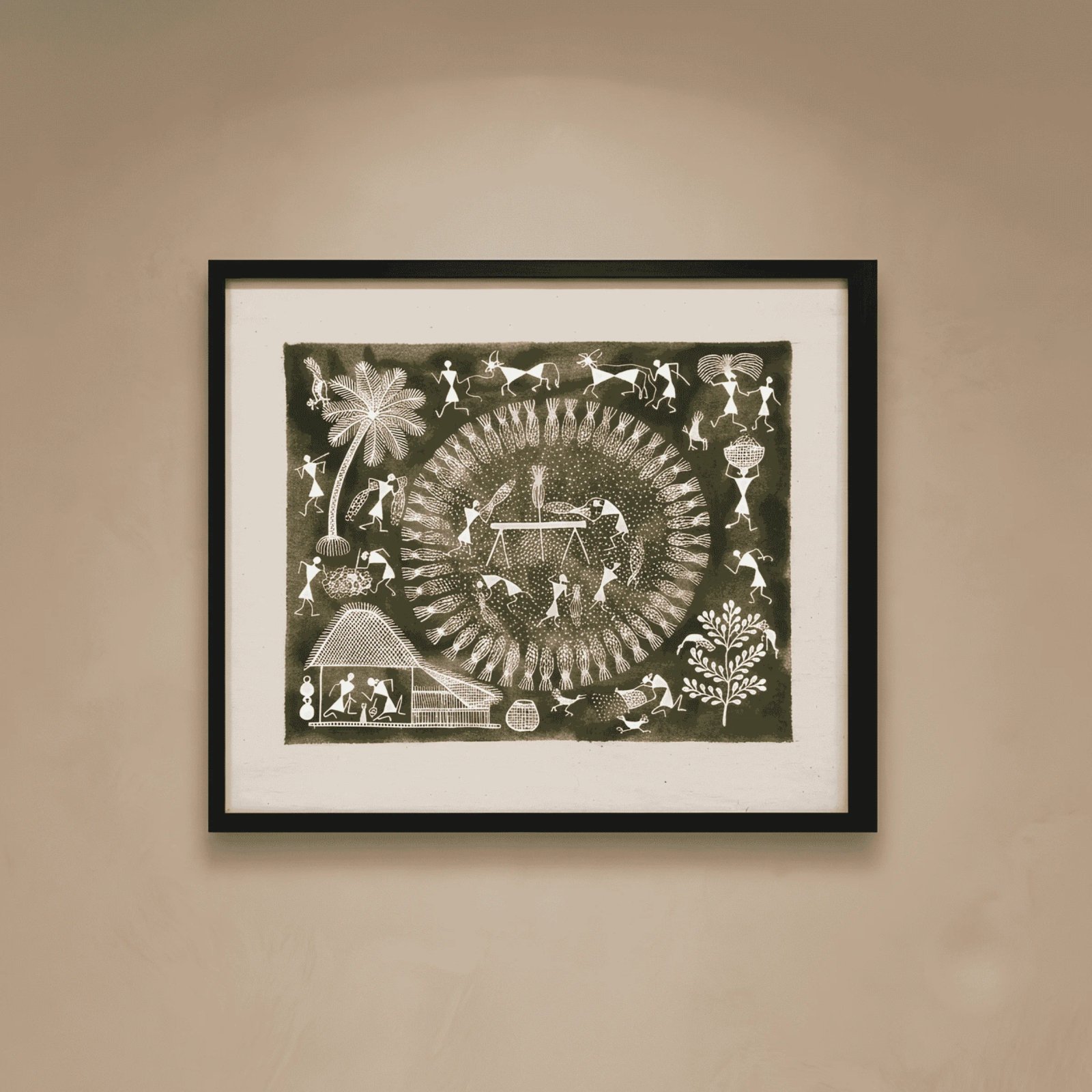 Original Handmade Warli Folk Art Painting – Indigo Blue Sacred Tree of Life & Musicians Scene Thumbnail 1