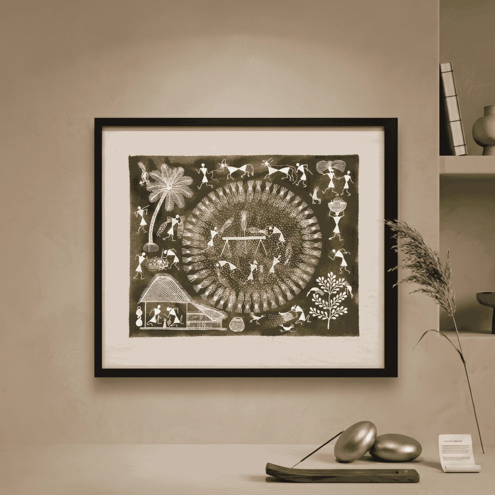 Original Handmade Warli Folk Art Painting – Indigo Blue Sacred Tree of Life & Musicians Scene Thumbnail 2