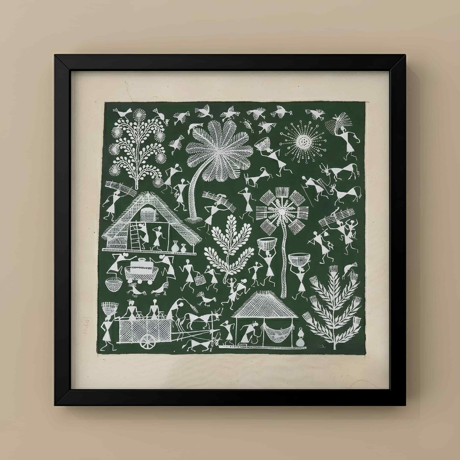Handmade Warli Painting - Traditional Village Life