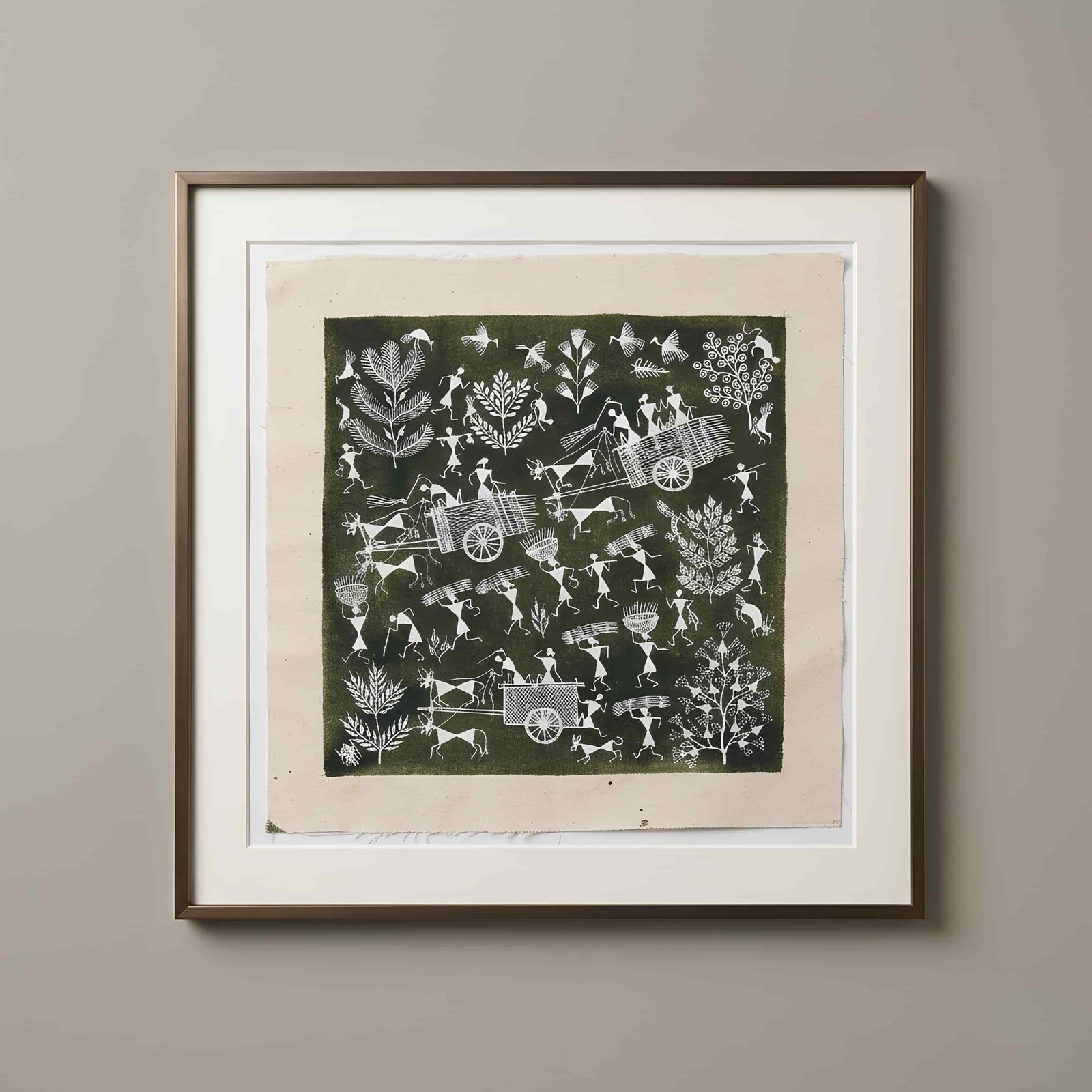 Handmade Warli Painting - Rural Village Harvest Scene