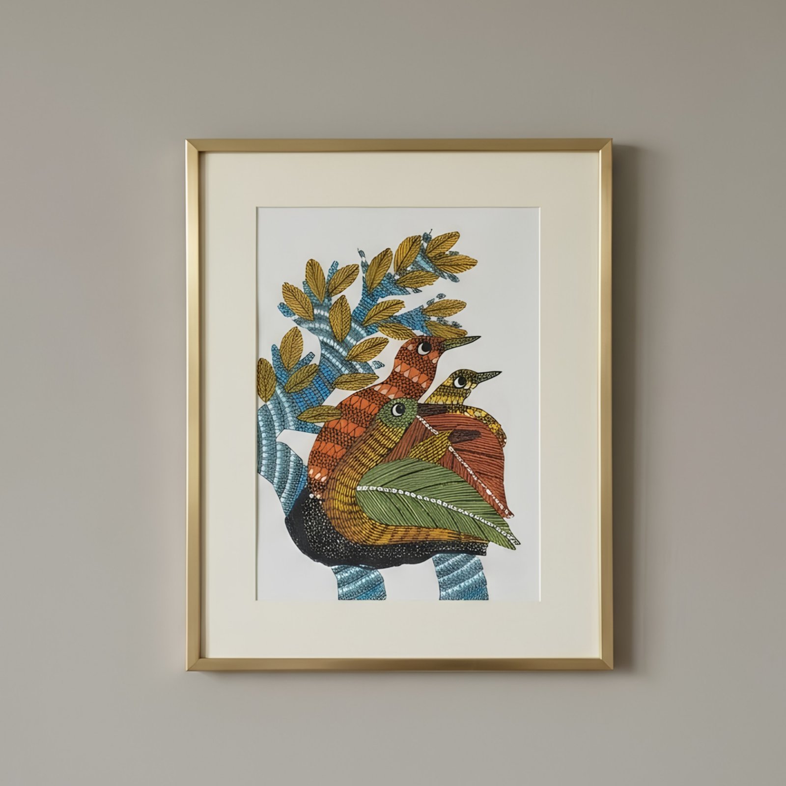 Original Gond Tribal Painting – The Nesting Birds on Sacred Tree