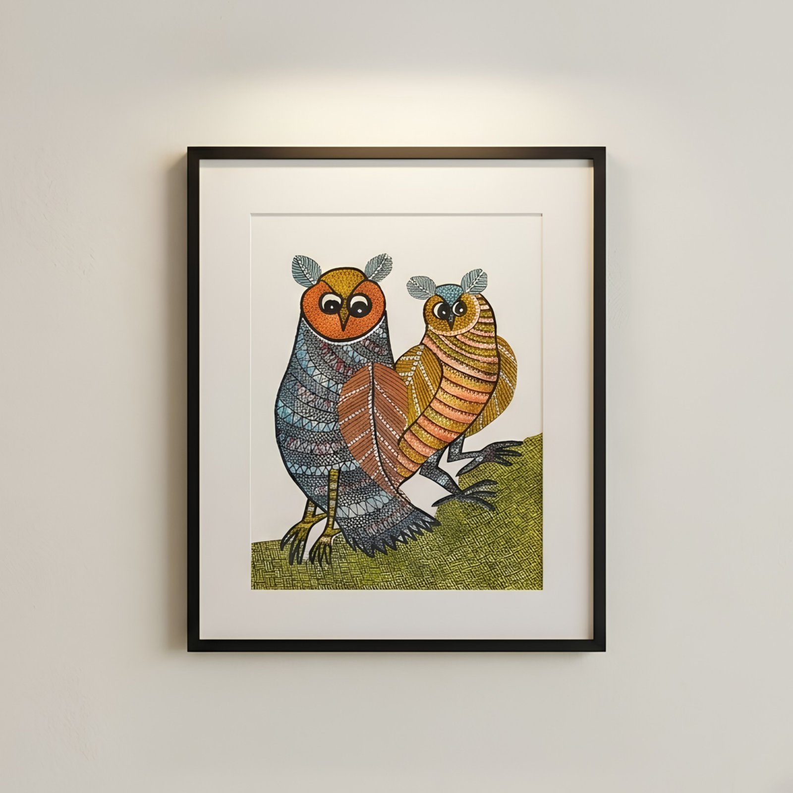 Handpainted Gond Art Owls Painting – Traditional Indian Tribal Folk