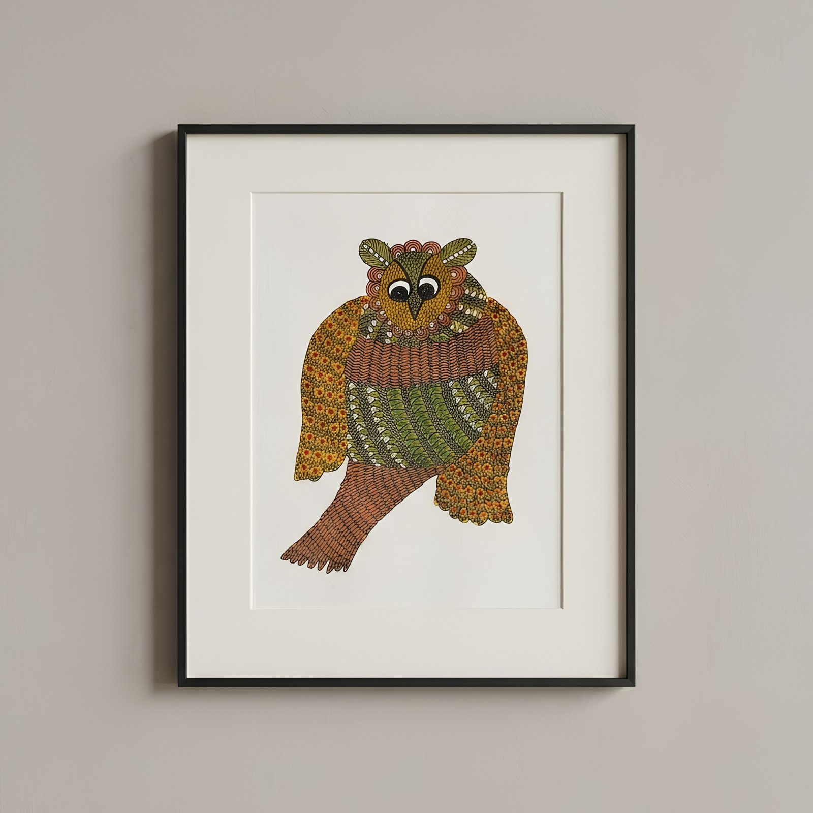 Handpainted Gond Art Mystic Owl Painting – Authentic Indian Tribal Folk