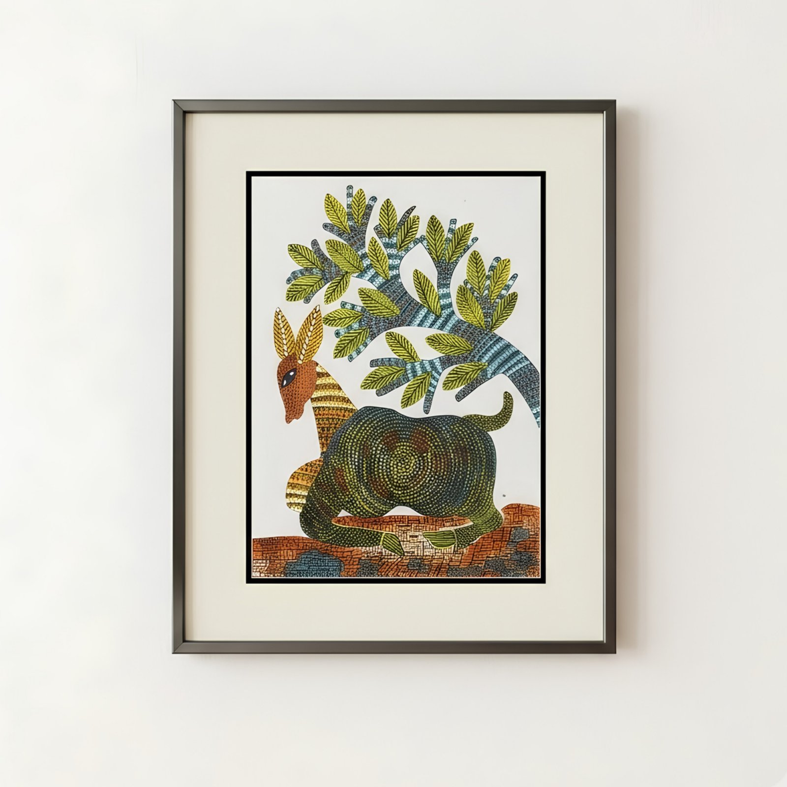Handpainted Gond Art Resting Deer under Tree Painting
