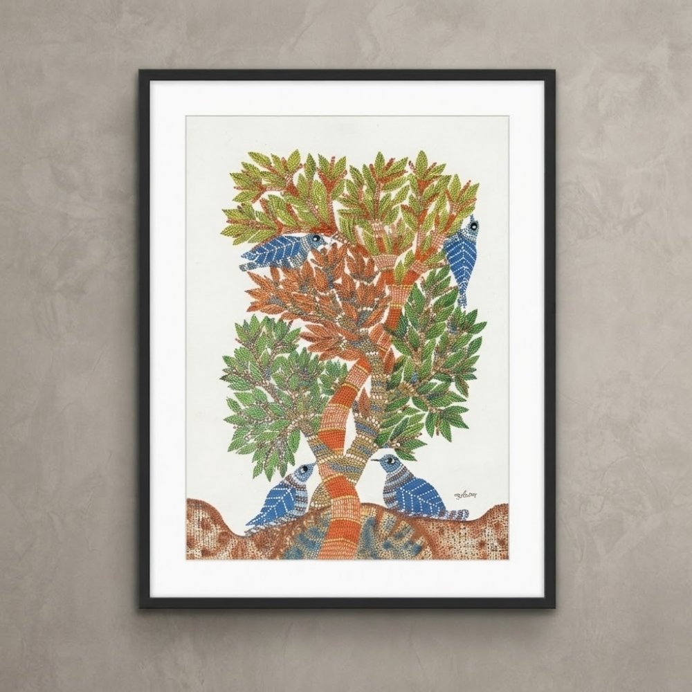 Original Gond Tree of Life Painting – Handmade Indian Birds and Nature Folk Art
