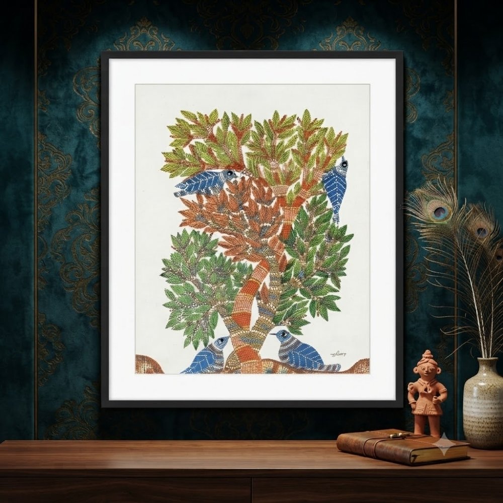 Original Gond Tree of Life Painting – Handmade Indian Birds and Nature Folk Art alternate view