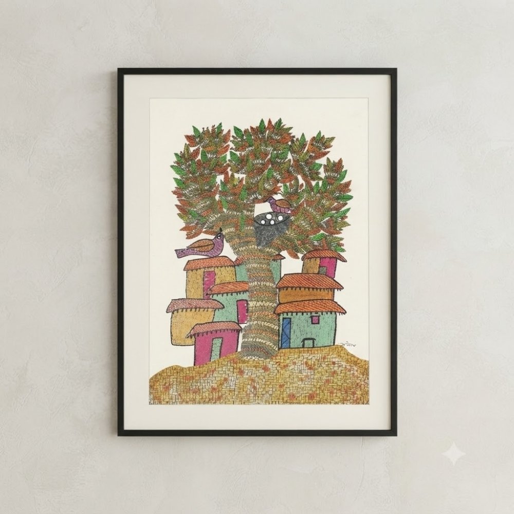 Original Gond Village Life Painting – Traditional Tree of Life and Tribal Homes Folk Art