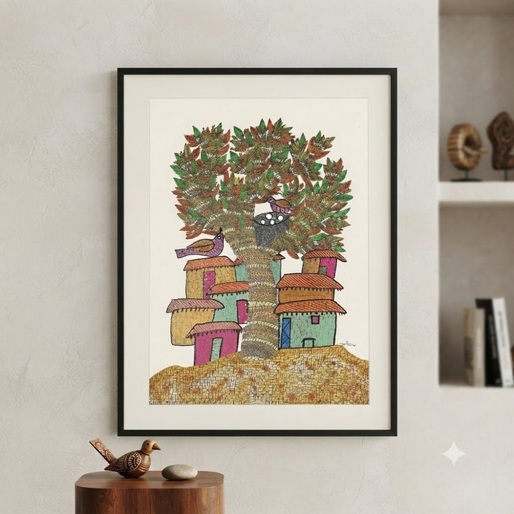 Original Gond Village Life Painting – Traditional Tree of Life and Tribal Homes Folk Art alternate view