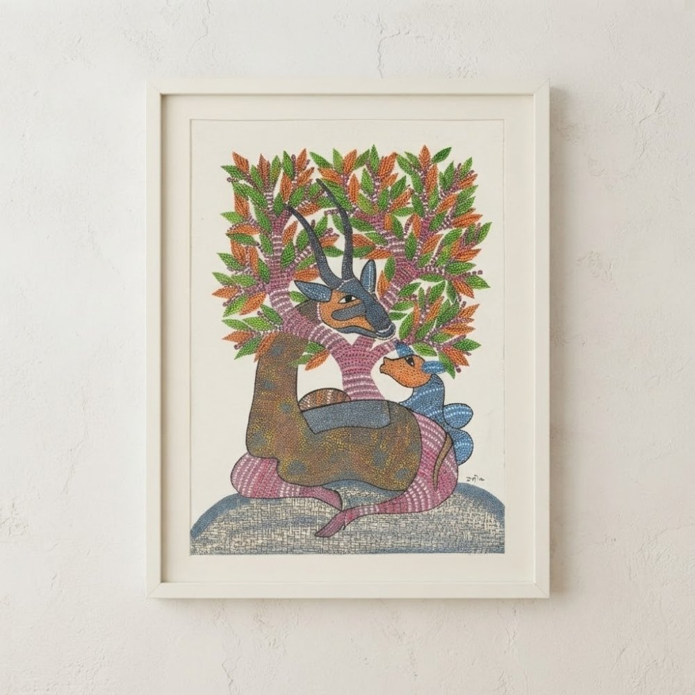 Original Gond Art Mother and Fawn Deer Painting – Handmade Indian Tribal Folk Art