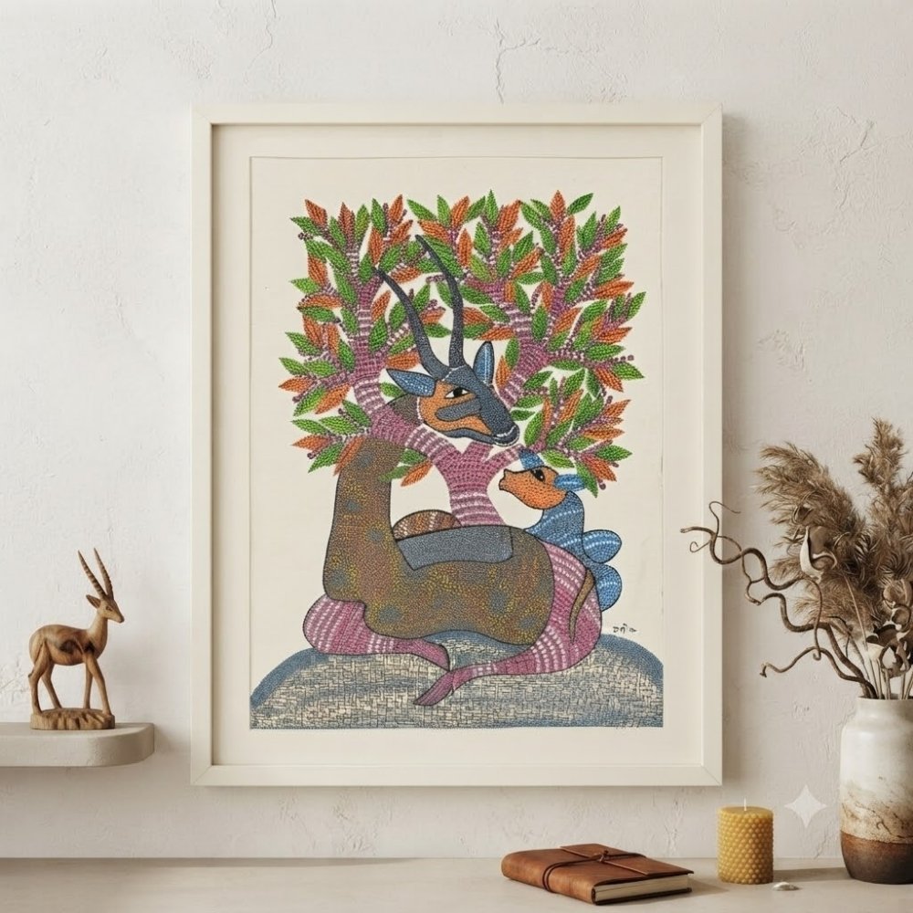 Original Gond Art Mother and Fawn Deer Painting – Handmade Indian Tribal Folk Art alternate view