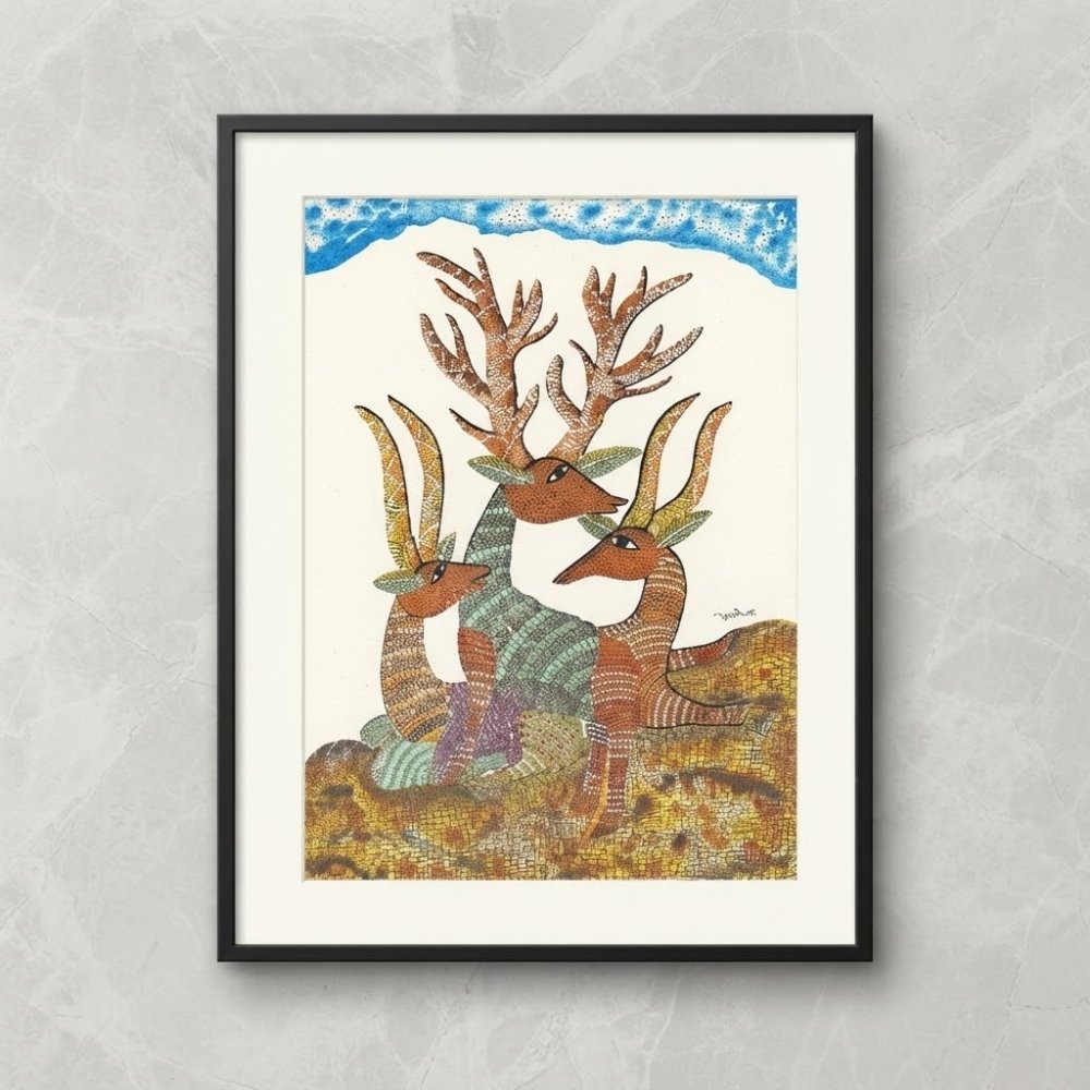 Original Gond Barasingha Painting – Handmade Indian Tribal Art Stag & Deer Wall Decor