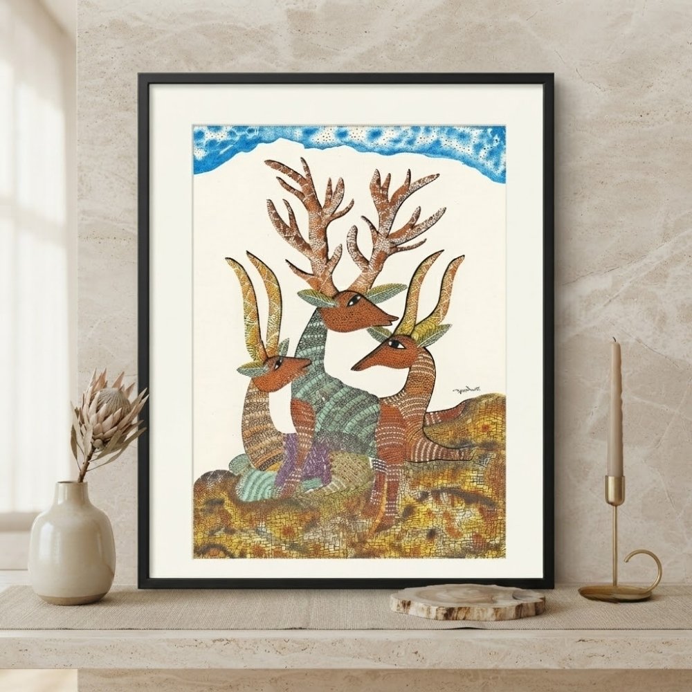 Original Gond Barasingha Painting – Handmade Indian Tribal Art Stag & Deer Wall Decor alternate view