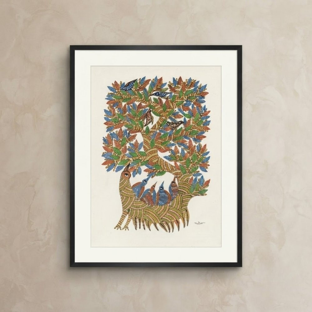 Original Gond Mythical Bird Tree Painting – Handmade Indian Tribal Folk Art Wall Decor