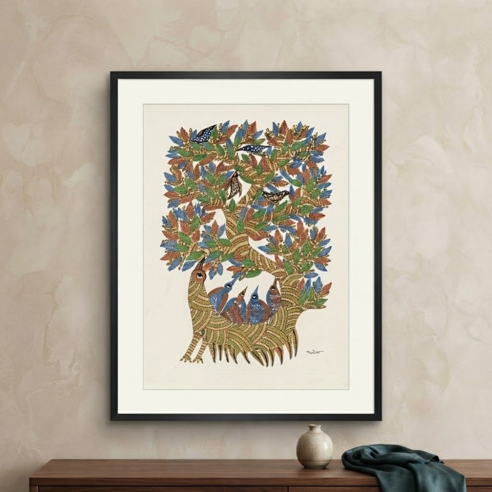 Original Gond Mythical Bird Tree Painting – Handmade Indian Tribal Folk Art Wall Decor alternate view