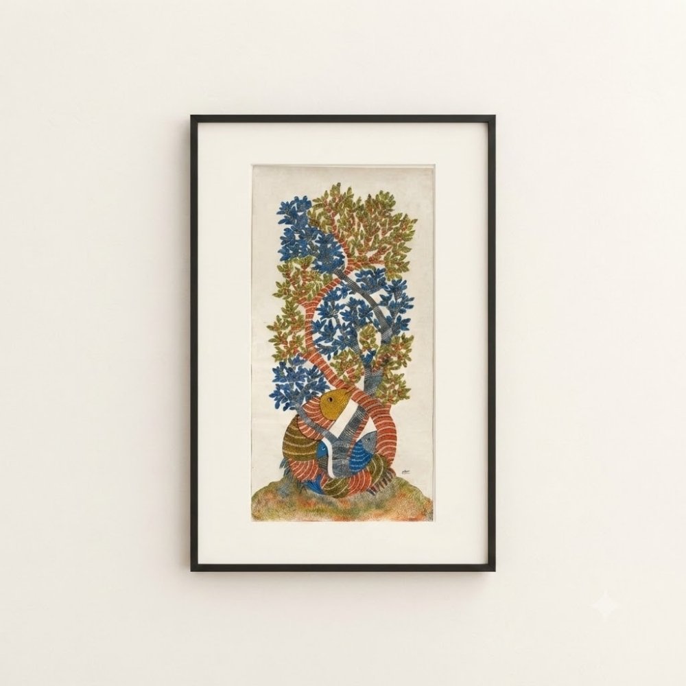 Original Gond Marine Life and Tree Painting – Handmade Vertical Indian Folk Art Canvas